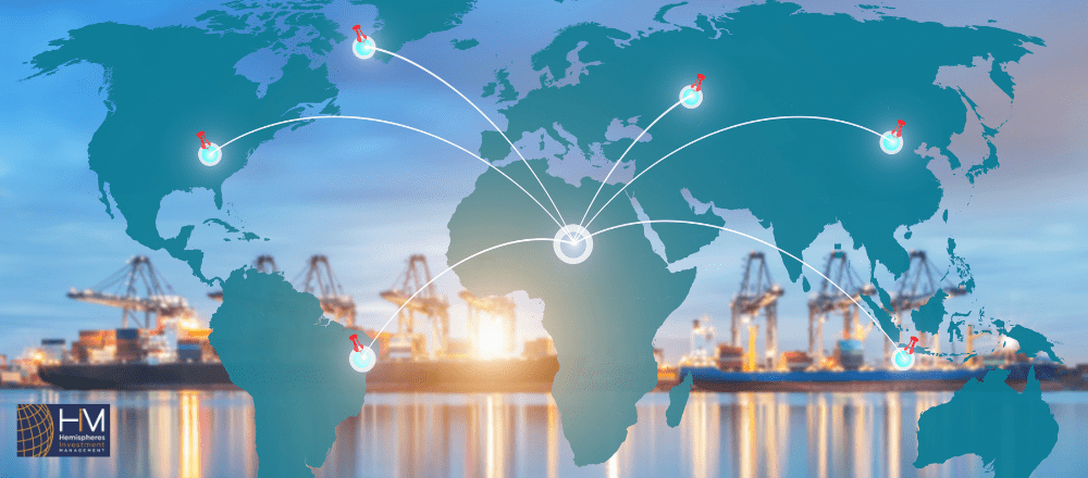 World map with pins marking global trade routes.