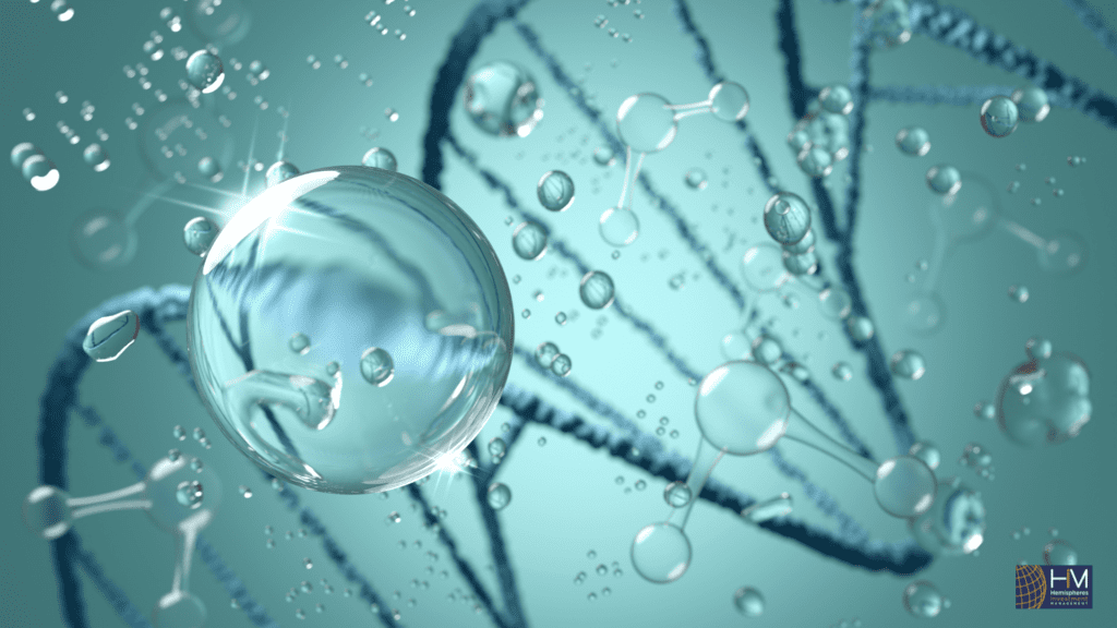 DNA strand with molecules and bubbles.