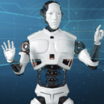 Here's an 8-word alt tag for the image: White robot interacts with holographic digital interface.