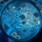 Magnifying glass on circuit board detail.